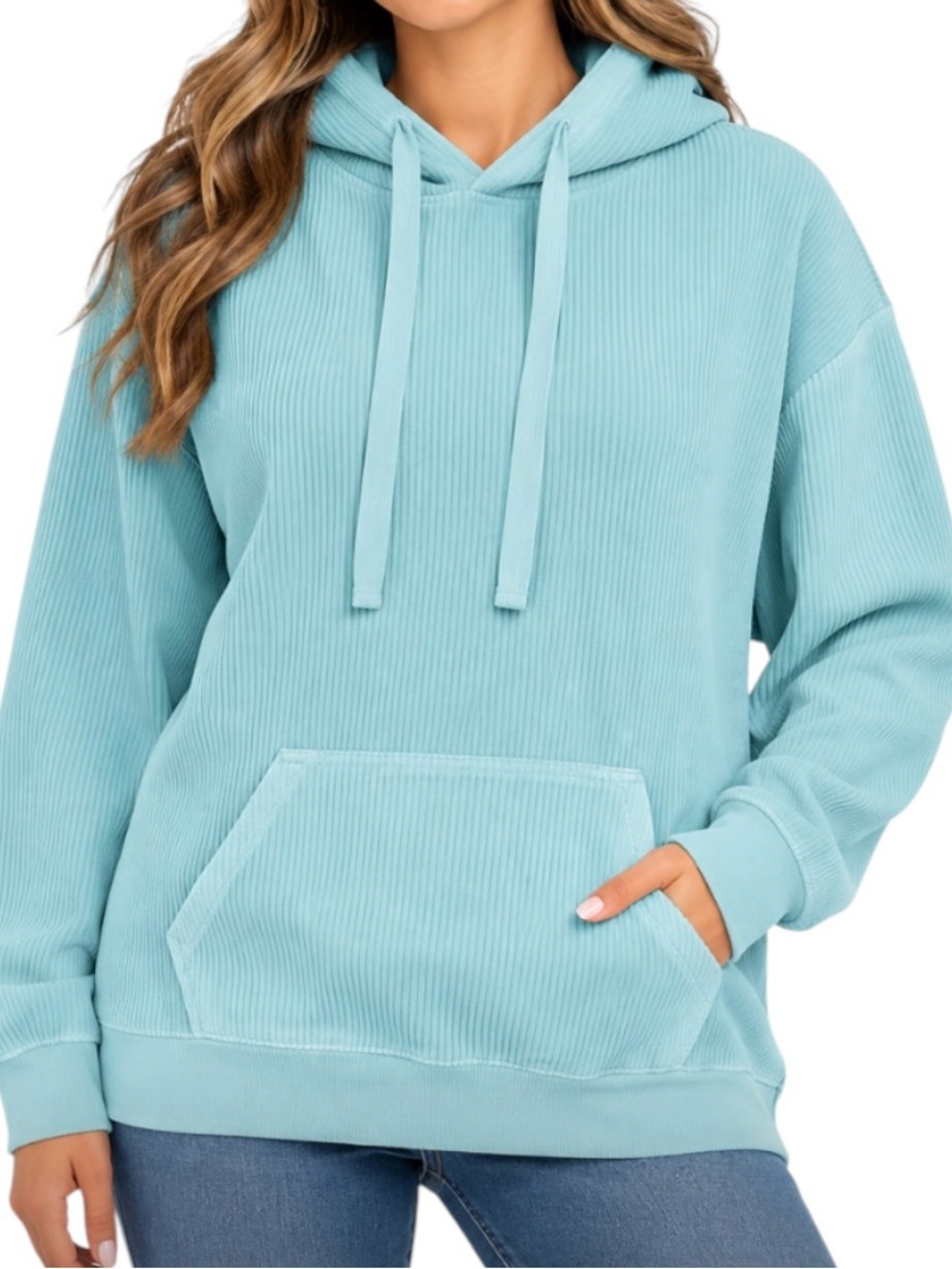 US Vintage Light Blue Ribbed Hoodie Pullover Sweatshirt